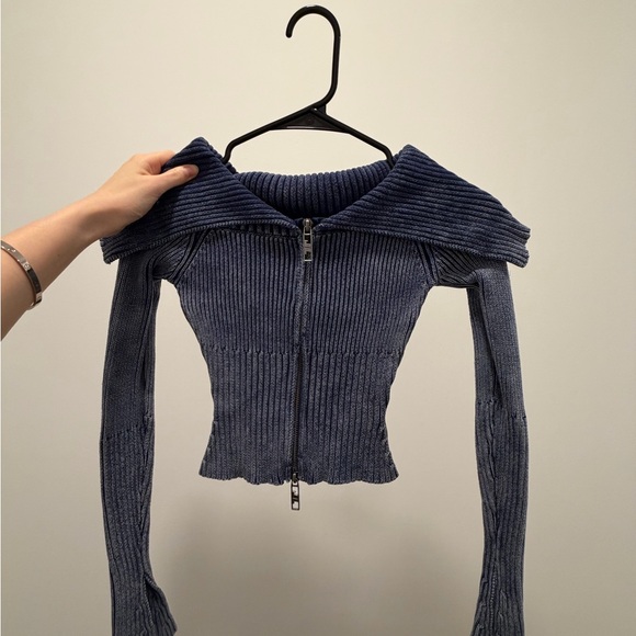 Jaded London Sweaters - Jaded London Navy Ribbed Off-Shoulder Zip-Up Sweater